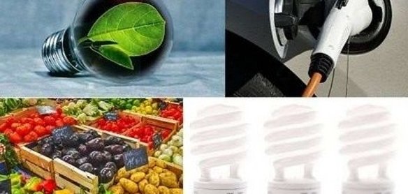 Kombination von 4 Bilder: Glühbirne mit Blatt, LAdestecker Elektrofahrzeug, Kästen mit Obst- und Gemüse, Energiesparlampe
